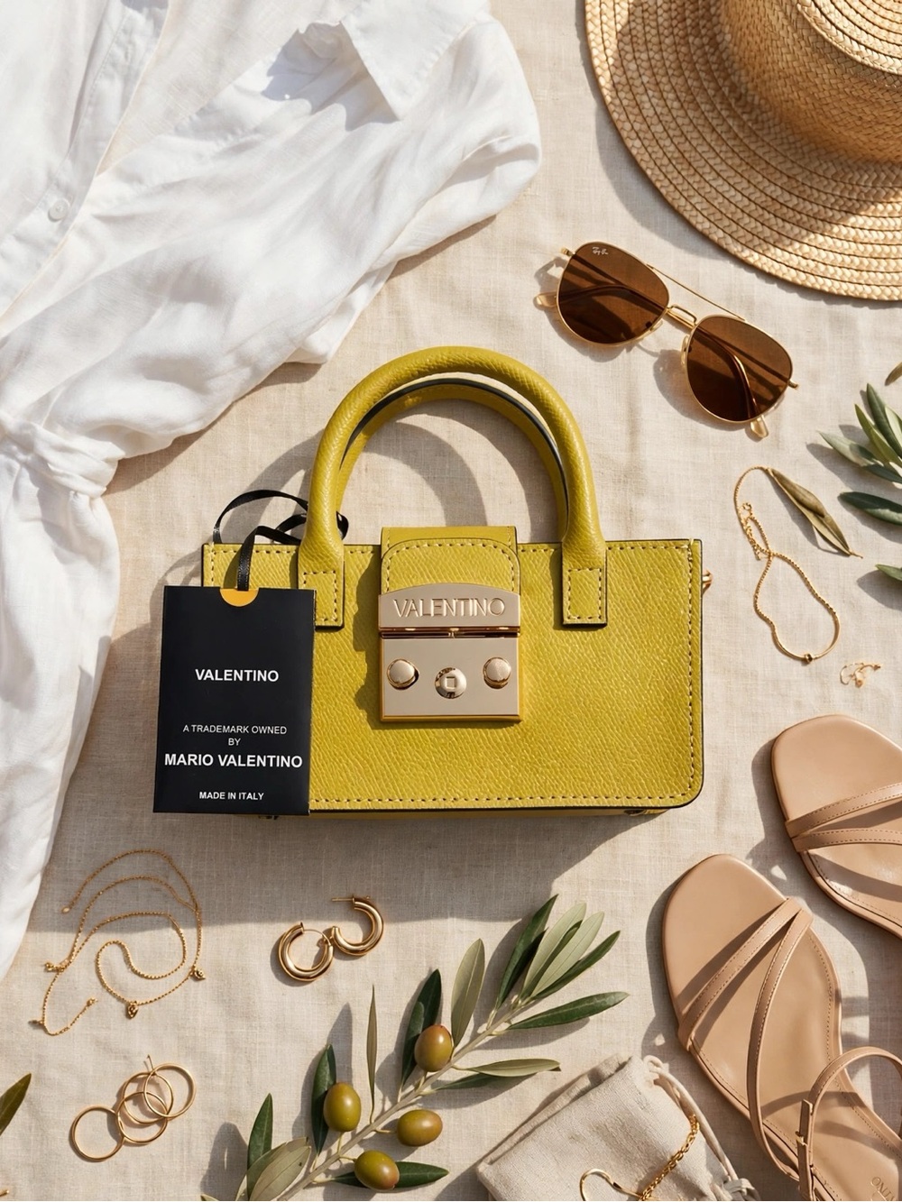 Valentino Chartreuse Leather Mini Tote with Gold Hardware